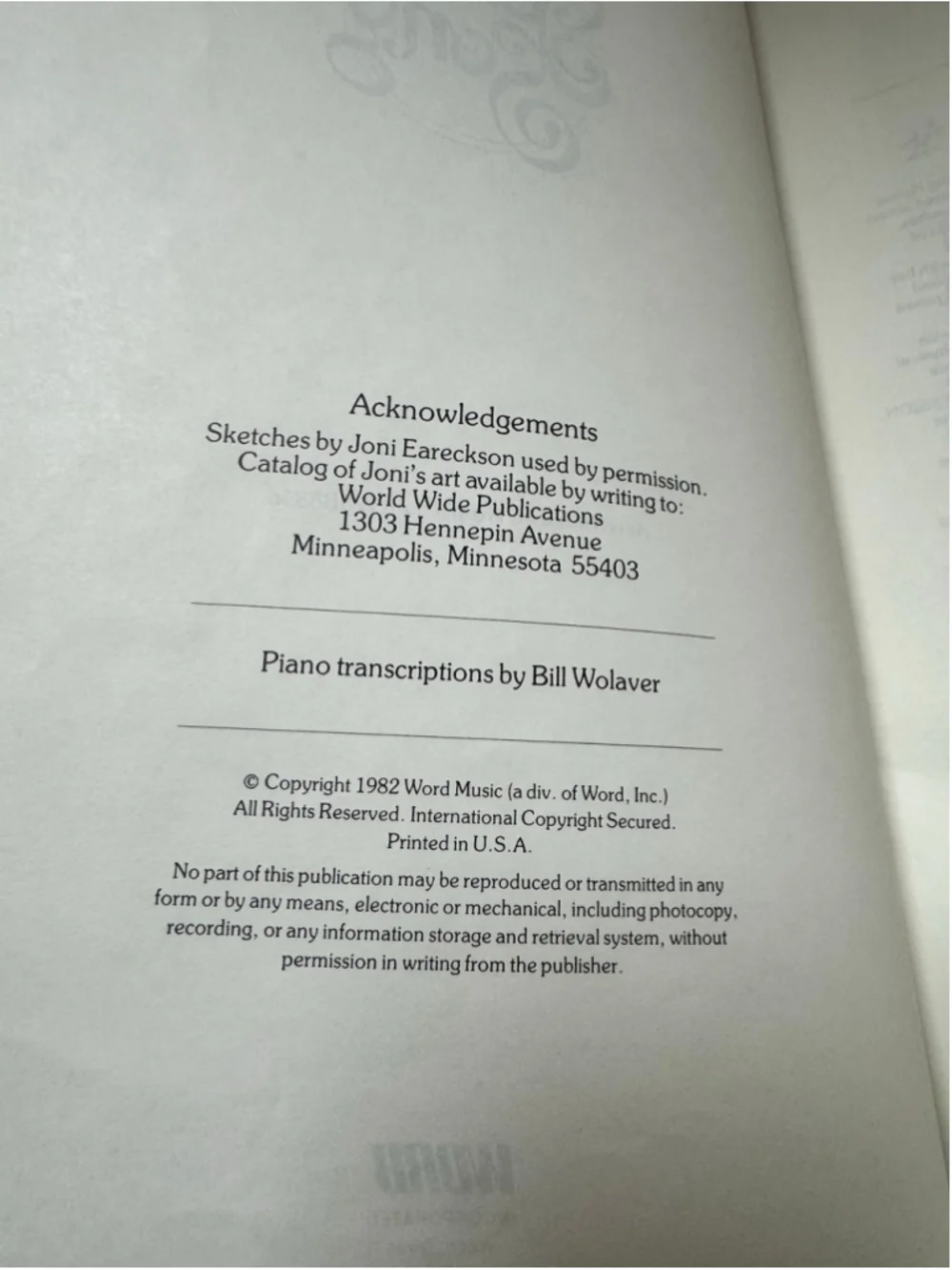 Joni Eareckson Joni's Song Music Book 1982 Inspirational